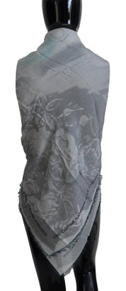 Foulard châle imprimé gris à franges