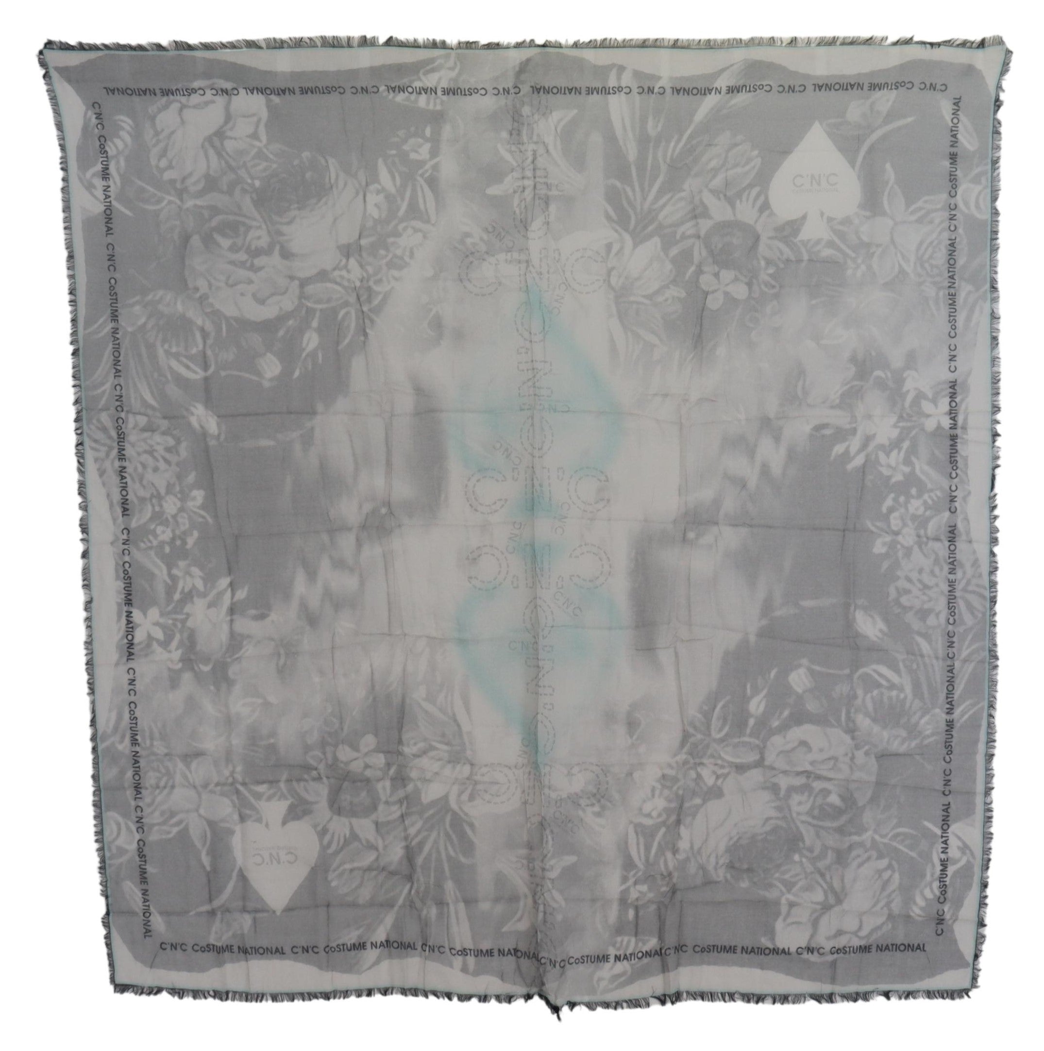 Foulard châle imprimé gris à franges
