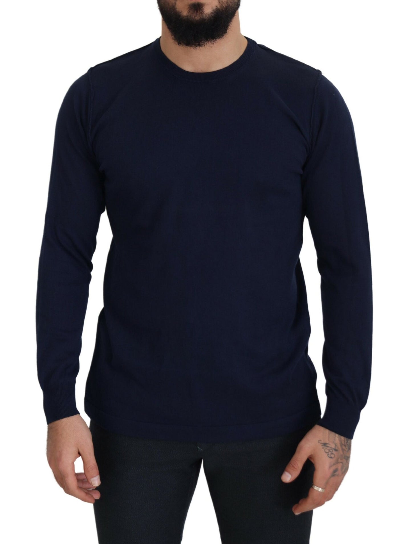 Blauer Baumwollpullover mit Rundhalsausschnitt