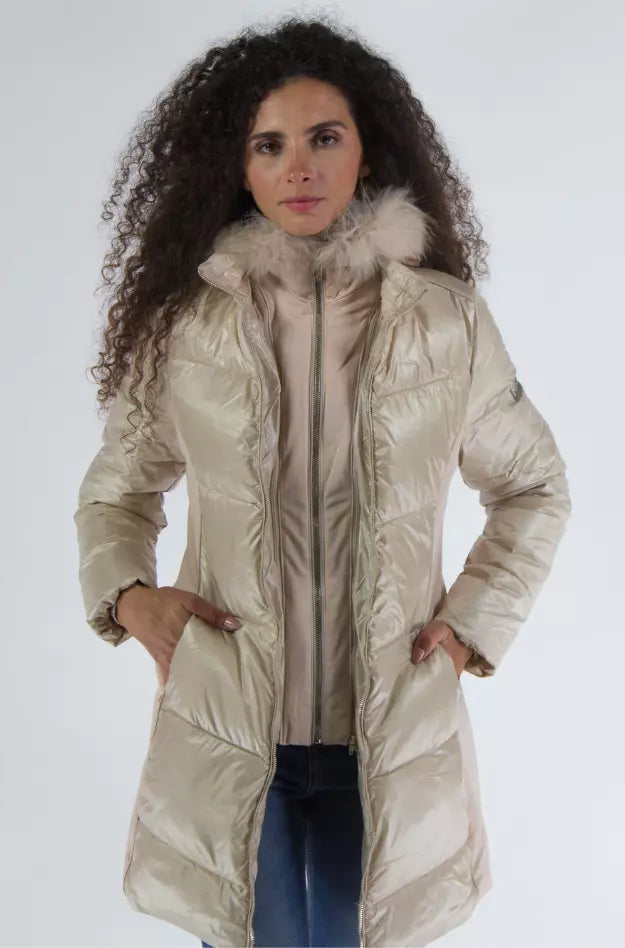 Elegant Beige Padded Jacket with Fur Hood