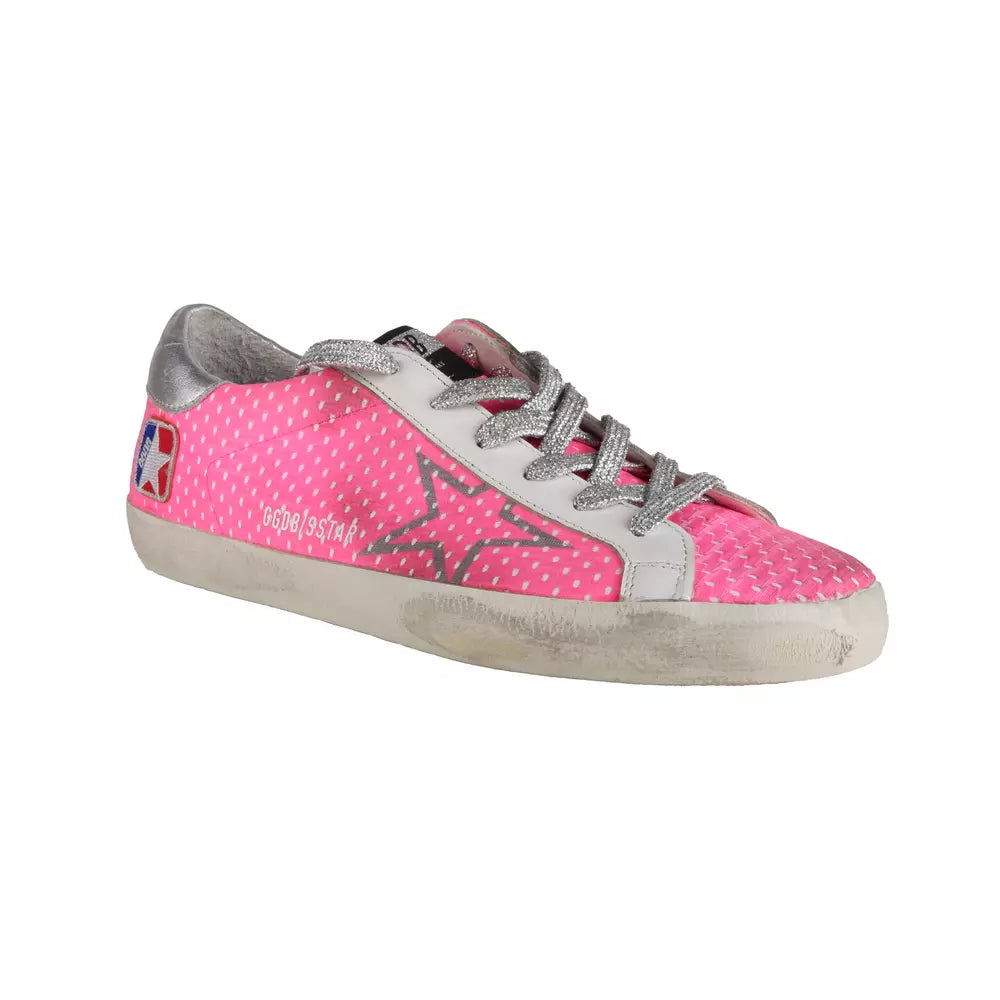 Pink Mesh Leather Sneakers with Glitter Accents