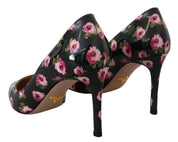 Escarpins à talons aiguilles en cuir noir à talons floraux