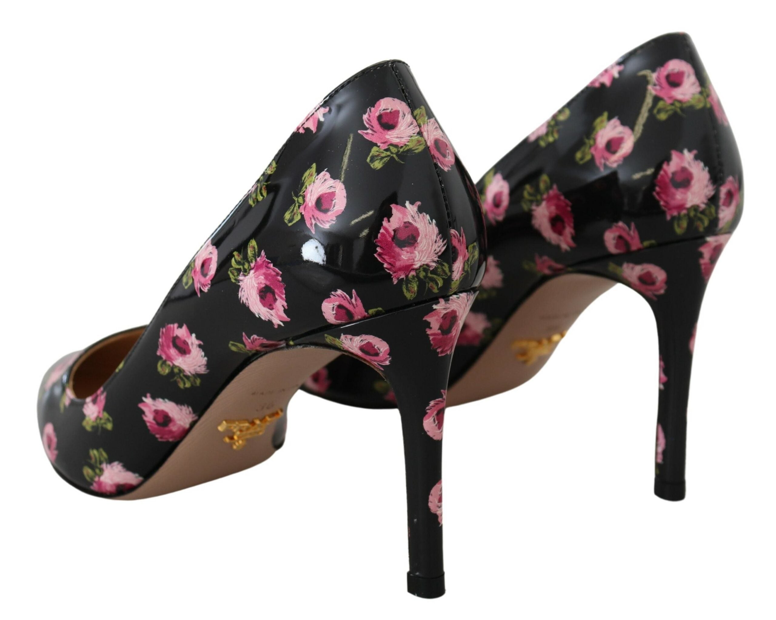 Escarpins à talons aiguilles en cuir noir à talons floraux