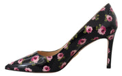 Escarpins à talons aiguilles en cuir noir à talons floraux