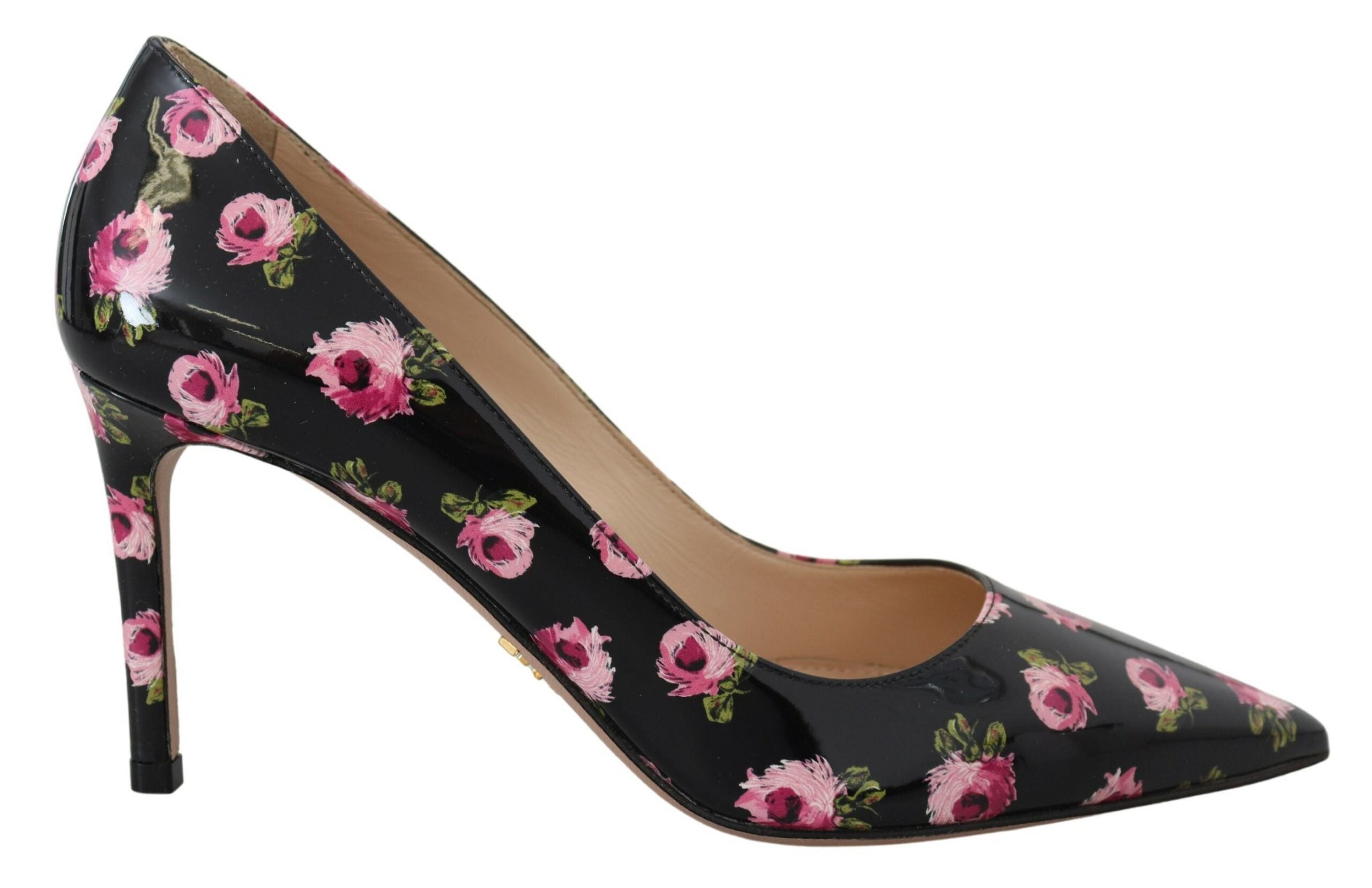 Escarpins à talons aiguilles en cuir noir à talons floraux