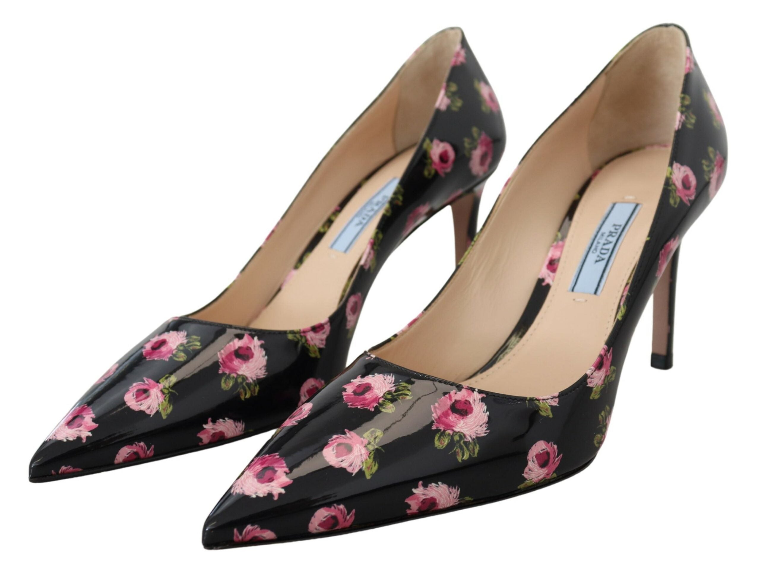 Escarpins à talons aiguilles en cuir noir à talons floraux