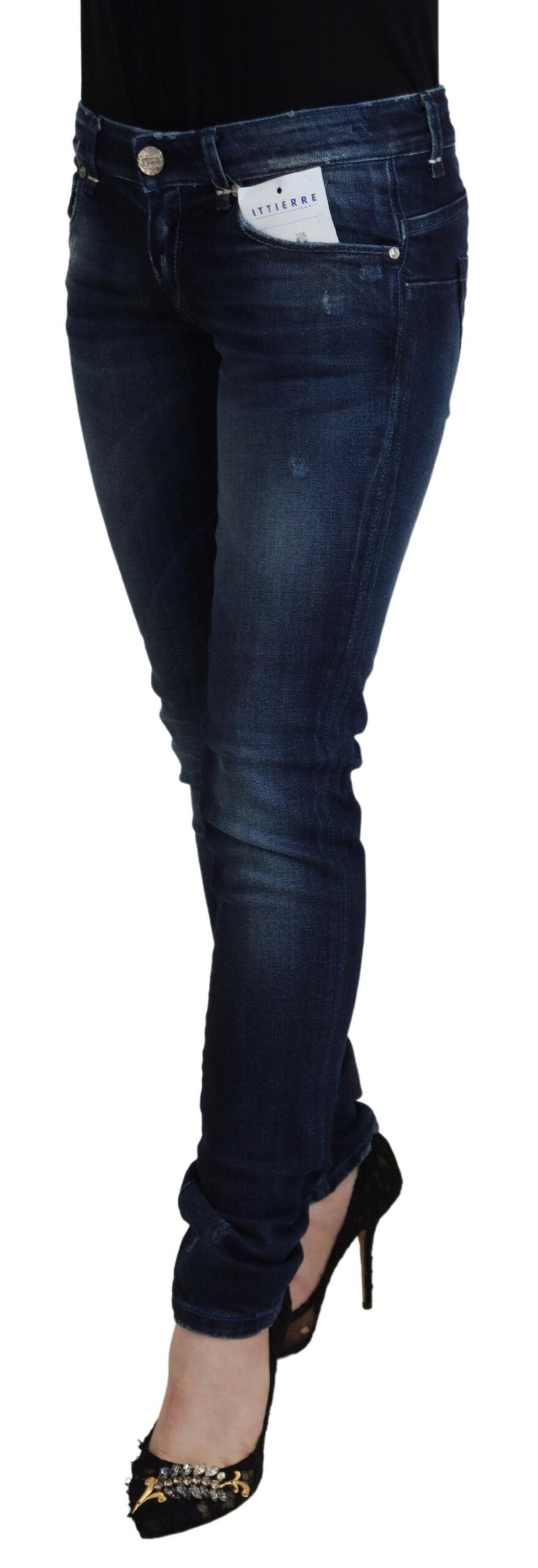 Blaue Damen-Jeans aus Baumwoll-Jeans mit niedriger Taille und schmaler Passform