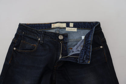 Blaue, schmal geschnittene, legere Denim-Jeans für Damen aus Baumwolle mit niedriger Taille