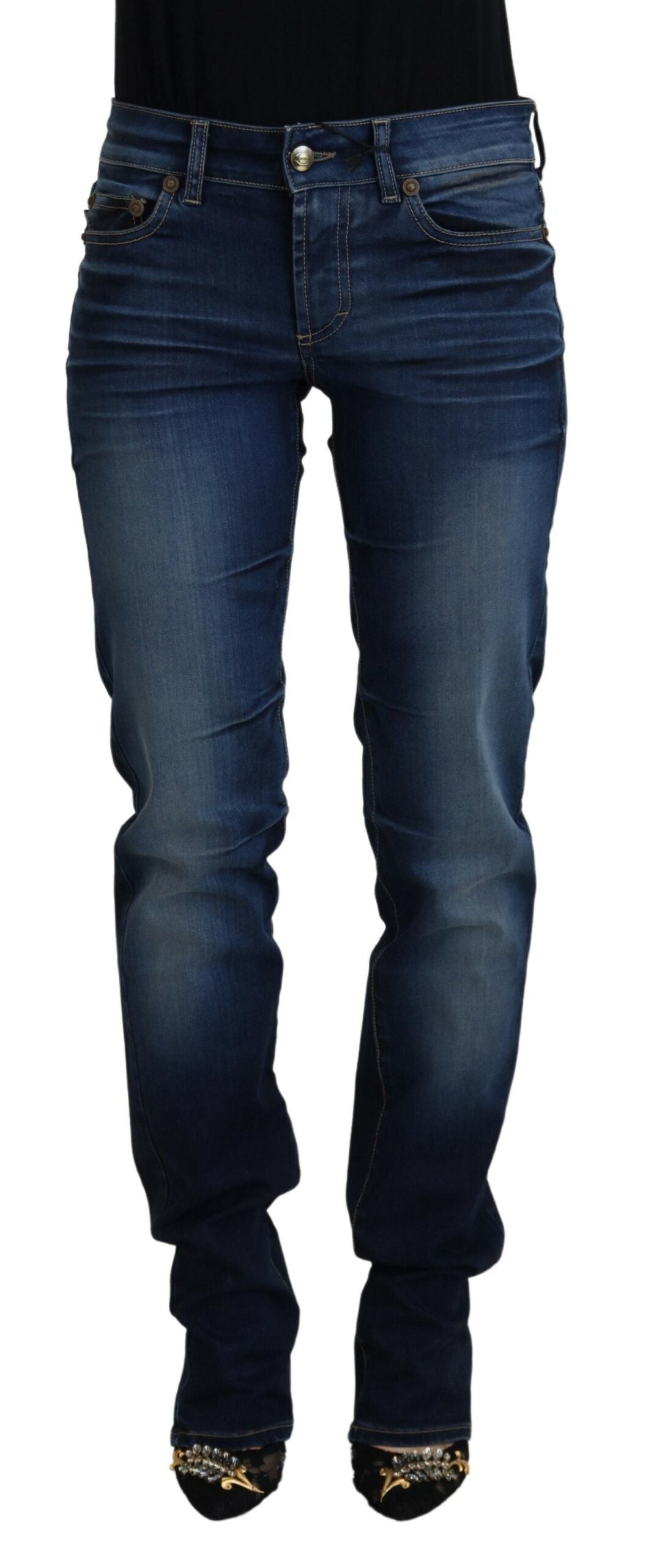 Blaue Baumwoll-Damen-Jeans aus lässigem Denim