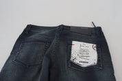 Blau gewaschene Slim-Fit-Jeans aus Baumwolldenim mit niedriger Taille