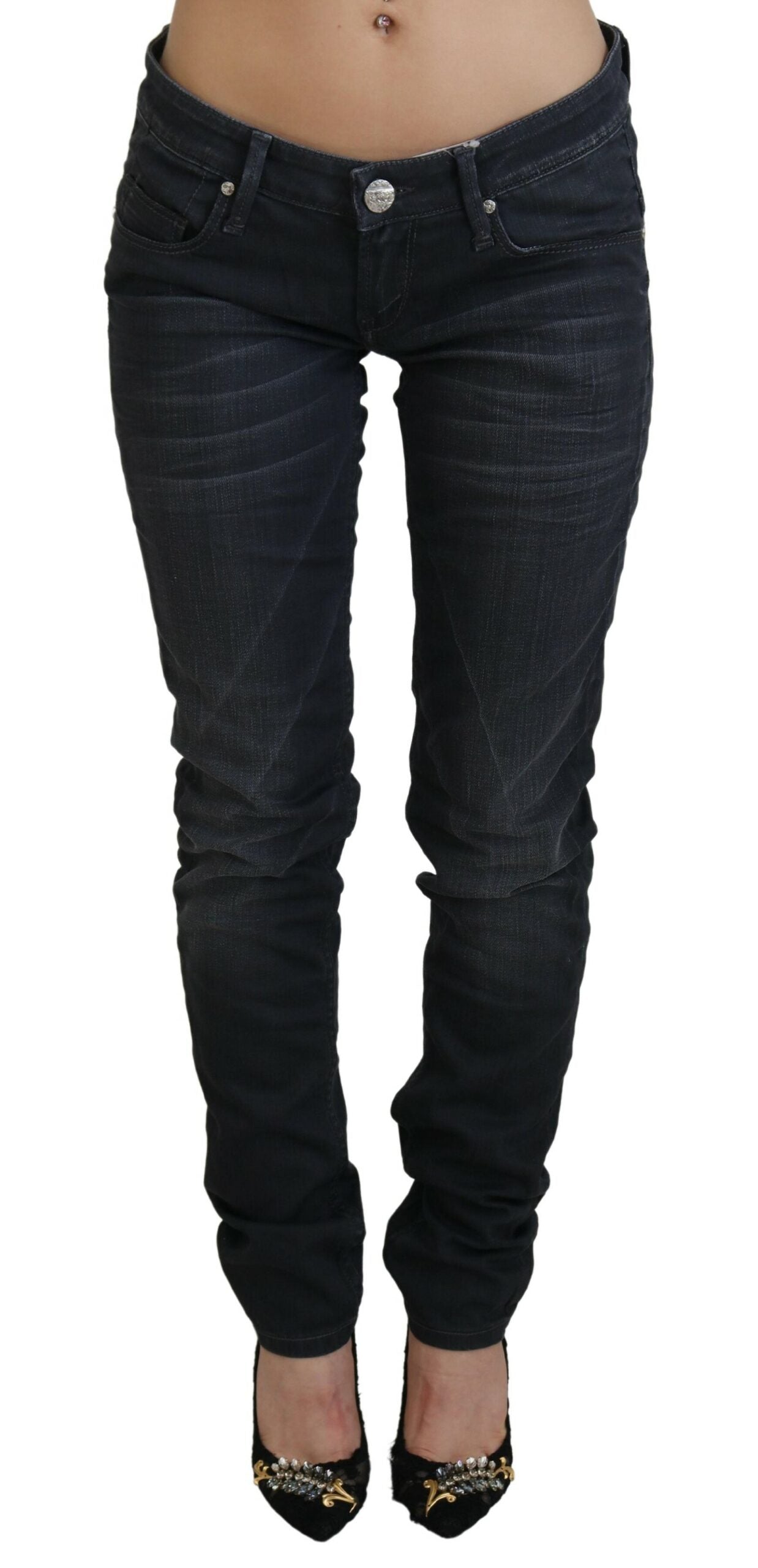 Schwarze, verwaschene Slim-Fit-Jeans aus Baumwolldenim mit niedriger Taille