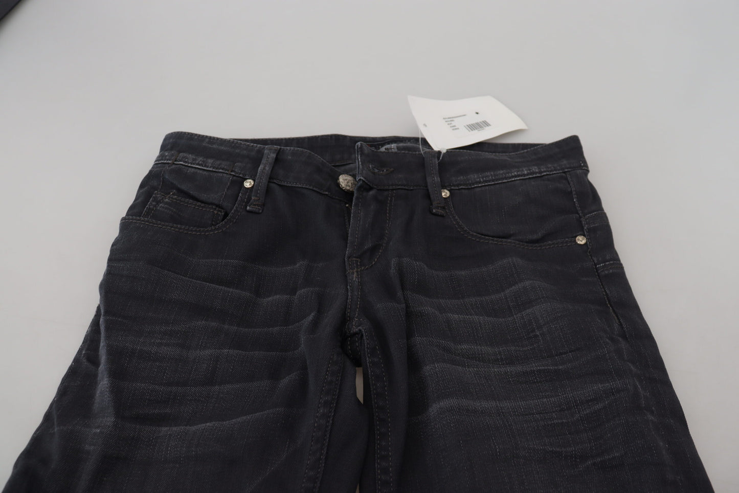 Jean slim taille basse en denim de coton délavé noir