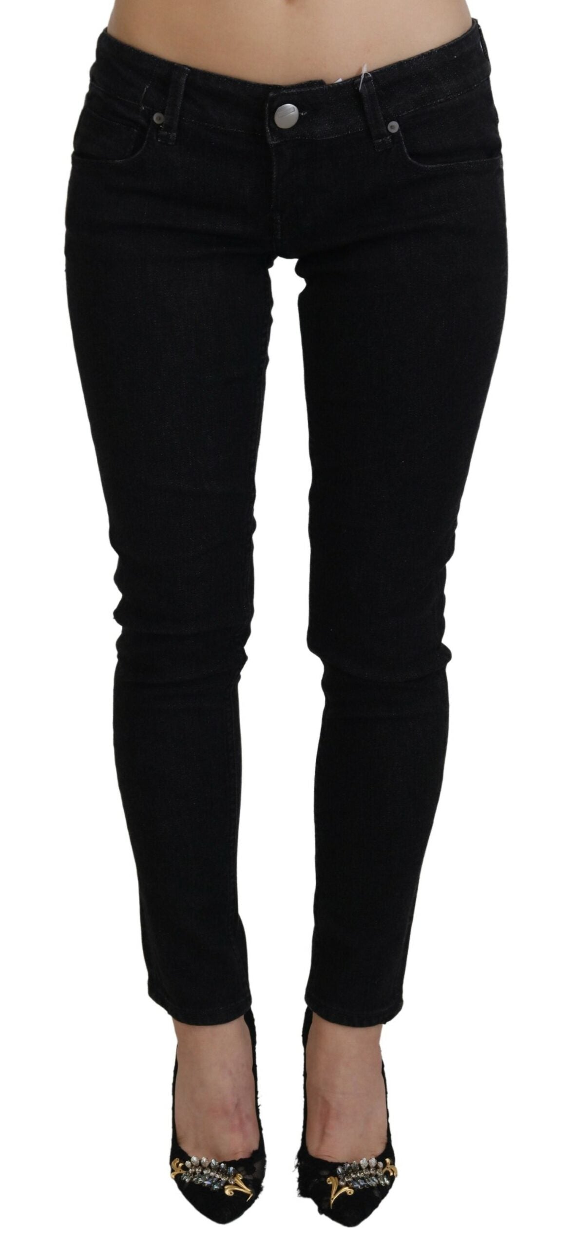 Jean slim taille basse en denim de coton noir