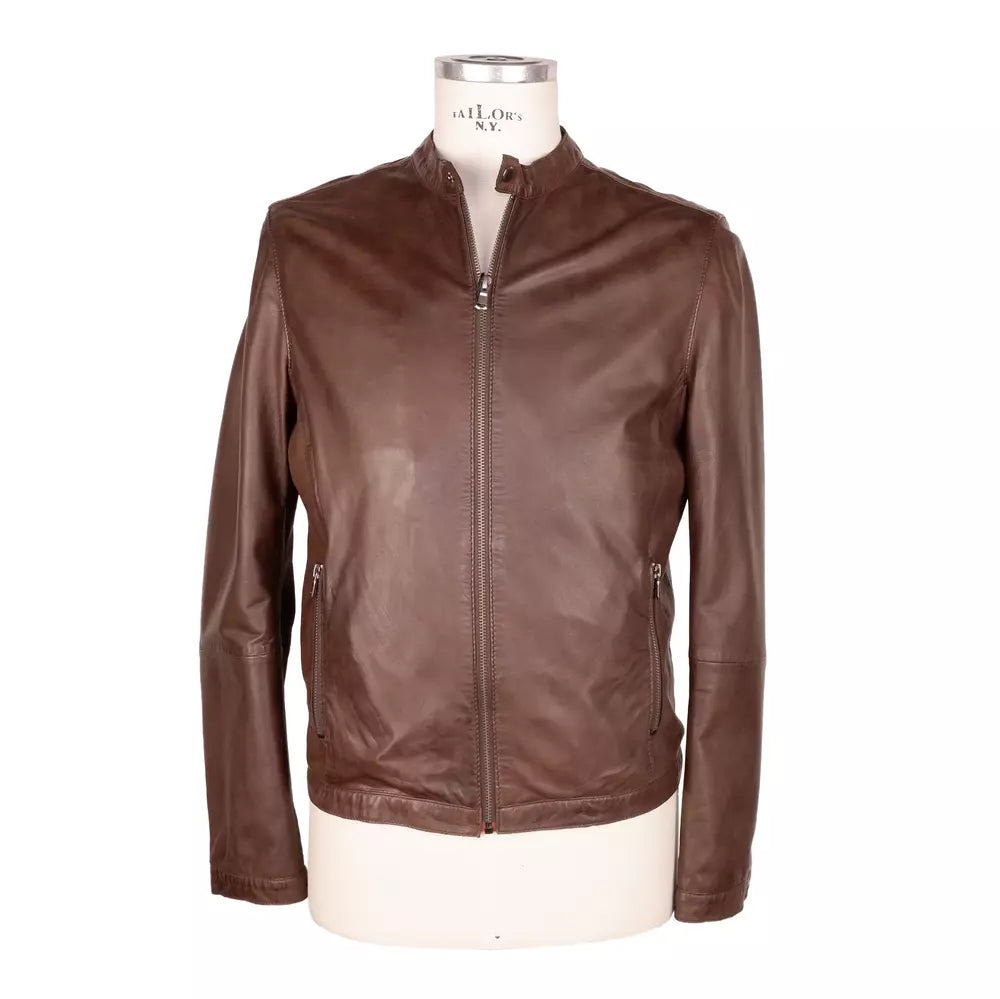 Elegant Brown Leather Jacket with Snap Collar