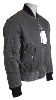 Elegant Gray Bomber Jacket Full Zip Closure