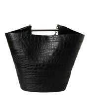 Elegant Black Crocodile Leather Maxi Bucket Bag