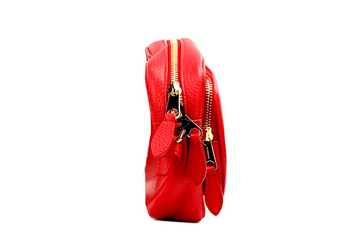 Small Branded Bright Red Grainy Leather Camera Crossbody Bag