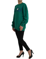 Green Cotton Logo Print Long Sleeves Pullover Sweater