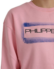 Pink Cotton Logo Print Long Sleeves Pullover Sweater