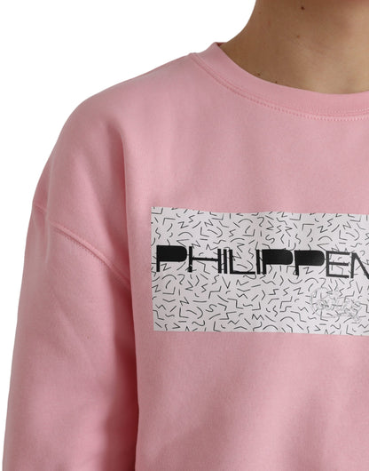 Pink Cotton Logo Print Long Sleeves Pullover Sweater