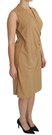 Brown V-neck Shift Knee Length Viscose Dress