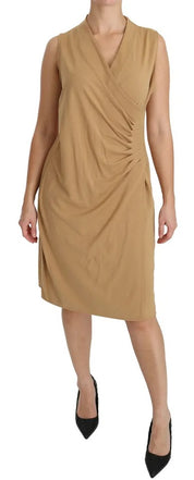 Brown V-neck Shift Knee Length Viscose Dress