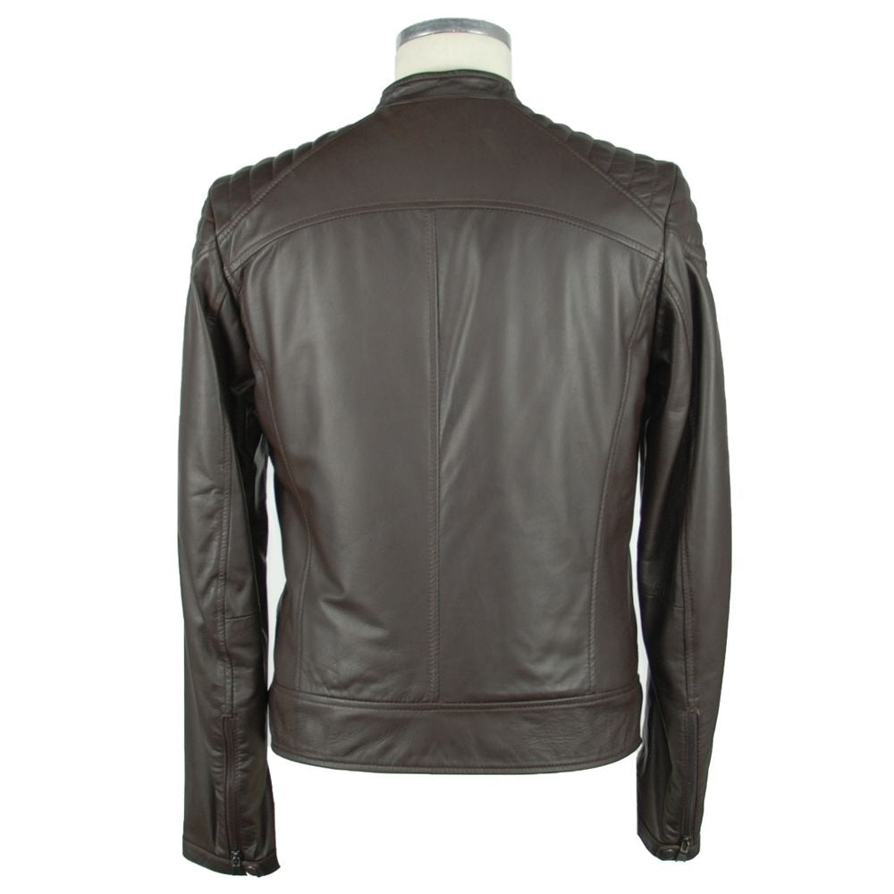 Elegant Brown Leather Zip Jacket