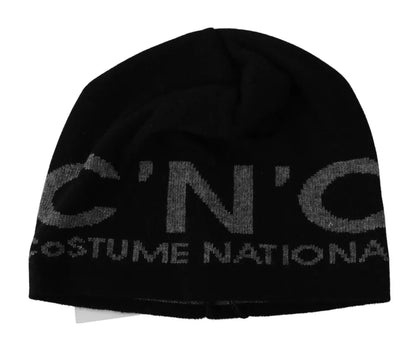 Black Wool Blend Branded Beanie Hat