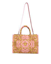 Pink Printed Large Fabric Leather Shopping Tote Bag