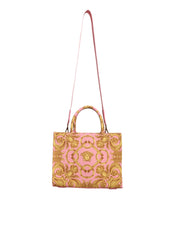 Pink Yellow Baroque Fabric Leather Shopping Tote Bag