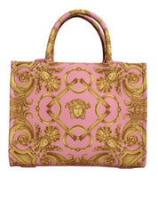 Pink Yellow Baroque Fabric Leather Shopping Tote Bag