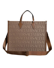 Brown Top Handle Jacquard Leather Logo Crossbody Tote Bag