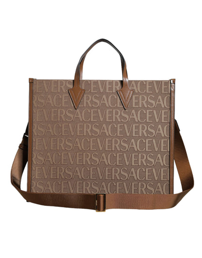 Brown Top Handle Jacquard Leather Logo Crossbody Tote Bag