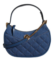 Blue Quilted Denim Leather Top Handle Shoulder Bag