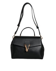 Black Top Handle Grainy Calfskin Leather Crossbody Bag