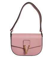 Pink Grainy Calf Leather Logo Crossbody Shoulder Bag