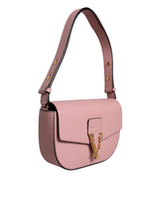 Pink Grainy Calf Leather Logo Crossbody Shoulder Bag