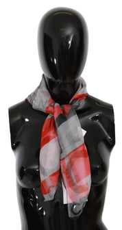 Gray Red 100% Silk Branded Scarf