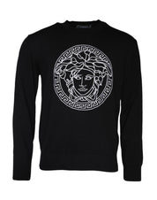 Black Medusa Embroidery Crew Neck Pullover Sweater