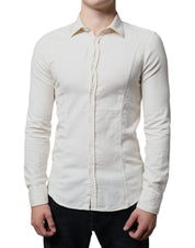 Off White Cotton Collared Men Formal Dress Shirt