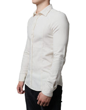 Off White Cotton Collared Men Formal Dress Shirt