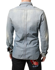 Light Blue Printed Cotton Denim Long Sleeves Shirt