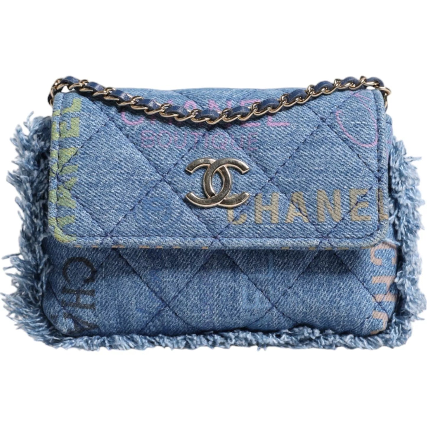 Denim Mood Flap Micro Logo Printed Fringed Shoulder Bag