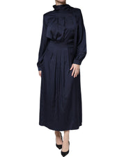 Dark Blue Long Sleeves Pleated A-line Maxi Dress