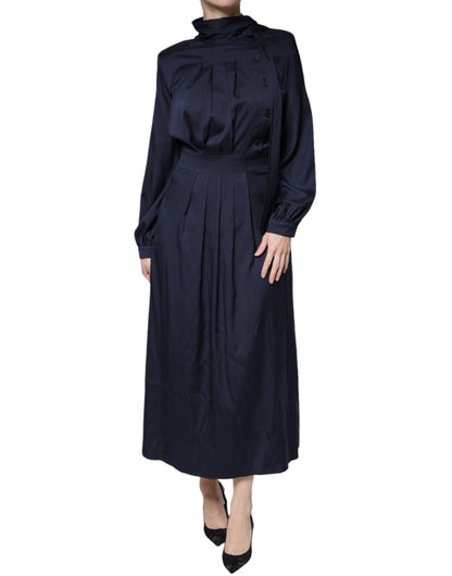 Dark Blue Long Sleeves Pleated A-line Maxi Dress