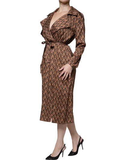 Brown Printed Long Sleeves V-neck Wrap Midi Dress