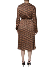 Brown Printed Long Sleeves V-neck Wrap Midi Dress