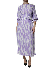 White Purple Patterned Viscose Short Sleeves Maxi Dress