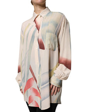 Beige Printed Collared Buttoned Long Sleeves Blouse Top