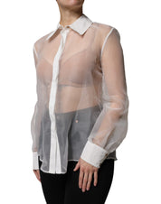 White Sheer Collared Buttoned Long Sleeves Top